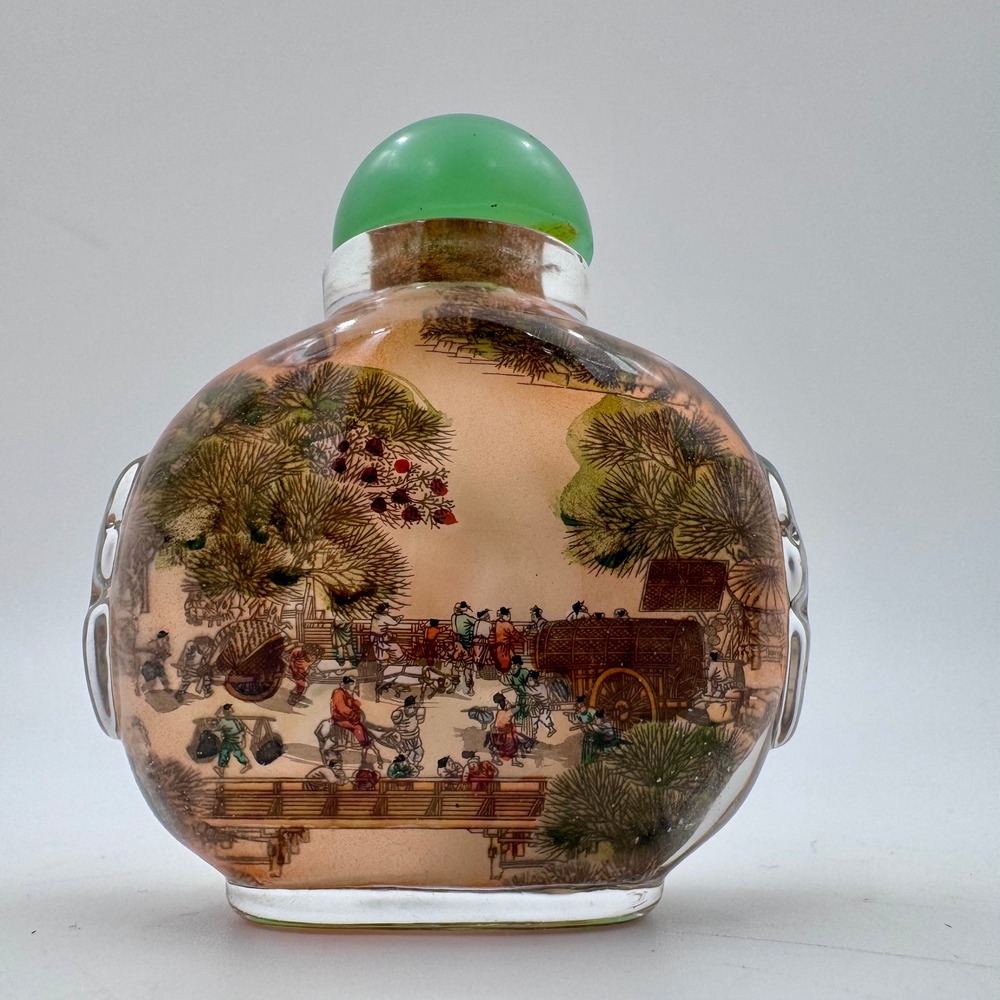 VTG Chinese Reverse Painted Glass Snuff Bottle Village Art, Signed Ying Yu w/Box